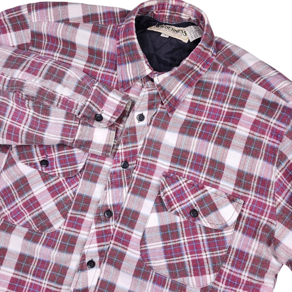 Wilderness Flannel Shirt Jacket Mens Medium Maroon Plaid Quilted Lined Outdoors